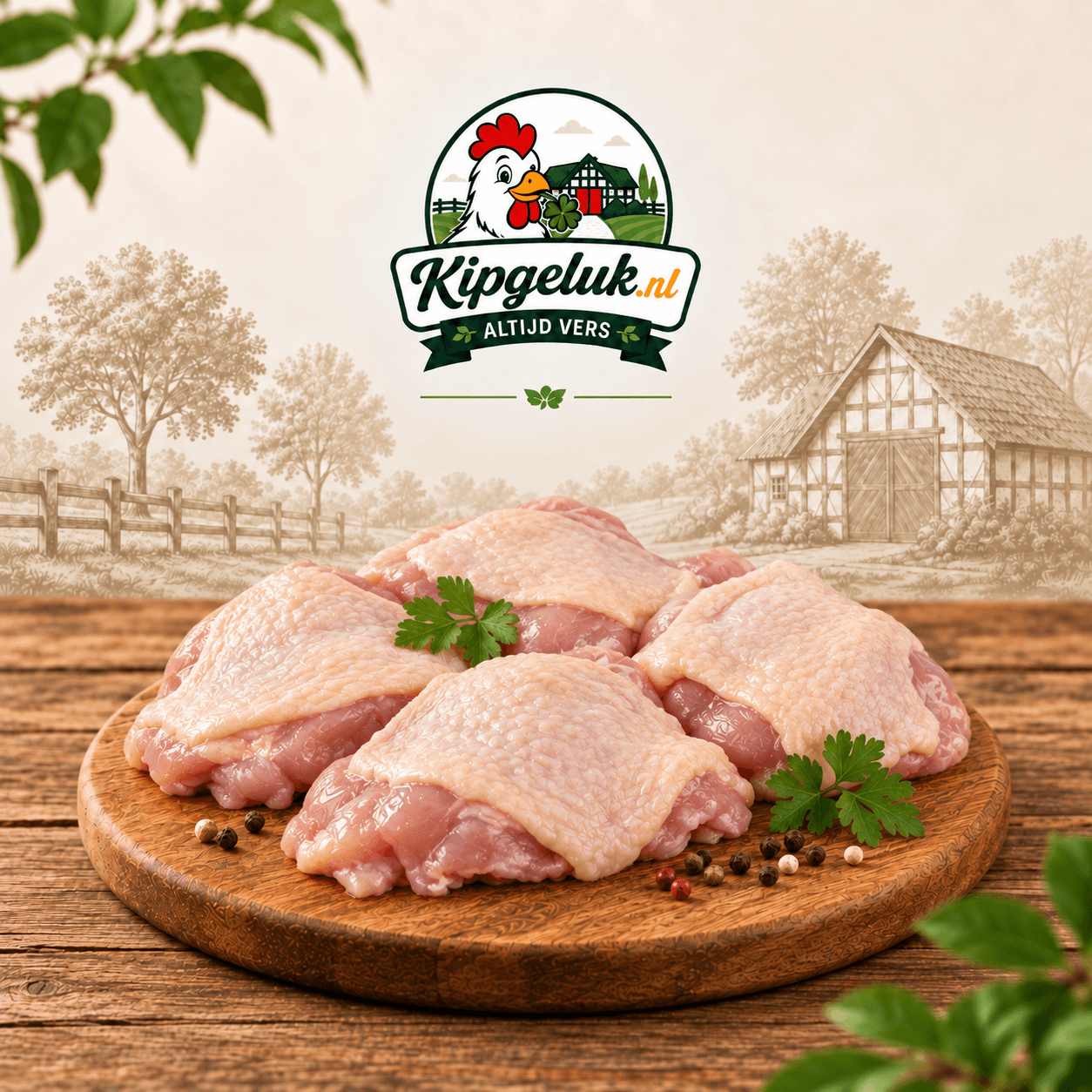 Ontbeend rauw dijvlees met vel op een houten plank, met het KipGeluk-logo