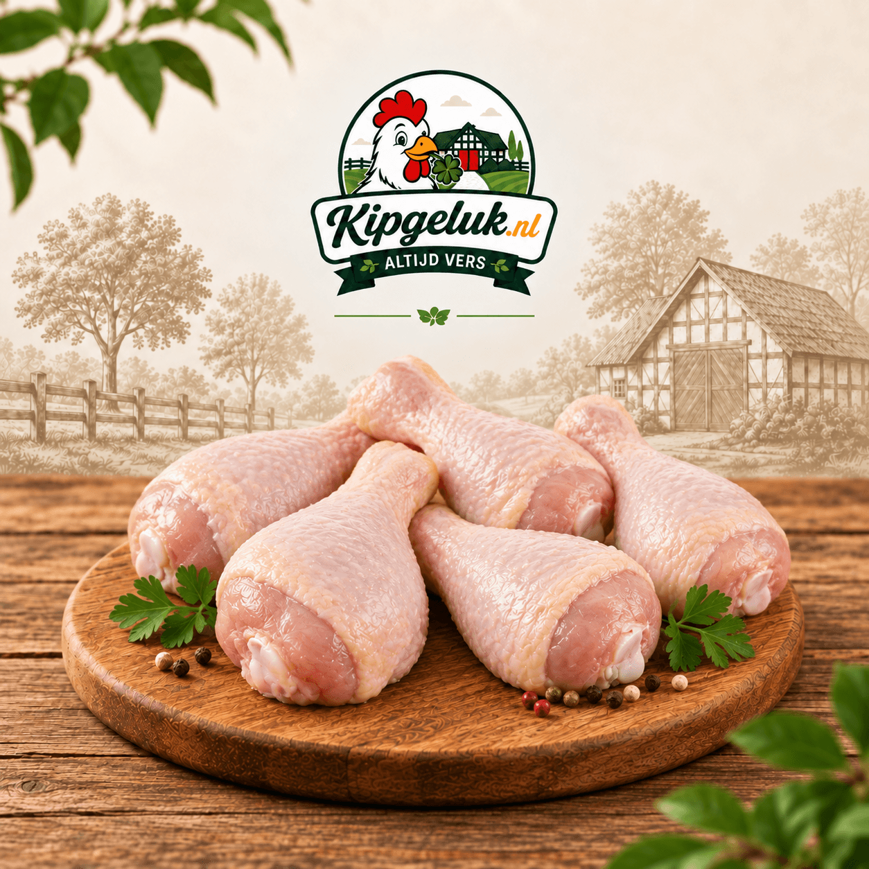Vijf rauwe drumsticks op een houten plank, met het KipGeluk-logo