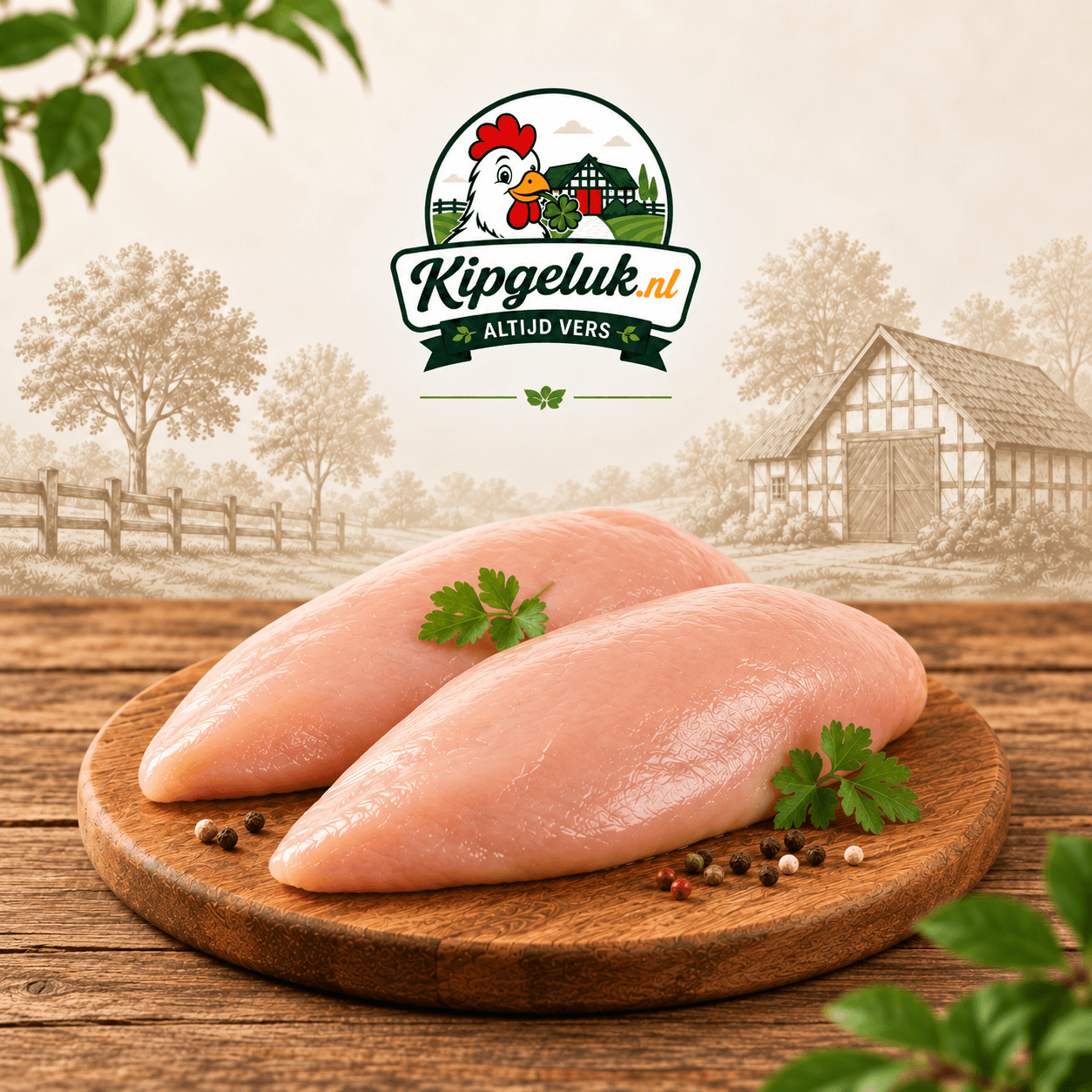 Twee rauwe kipfilets op een houten plank, met het KipGeluk-logo