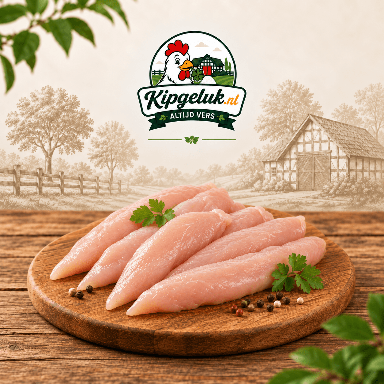 Rauwe kiphaasjes op een houten plank, met het KipGeluk-logo