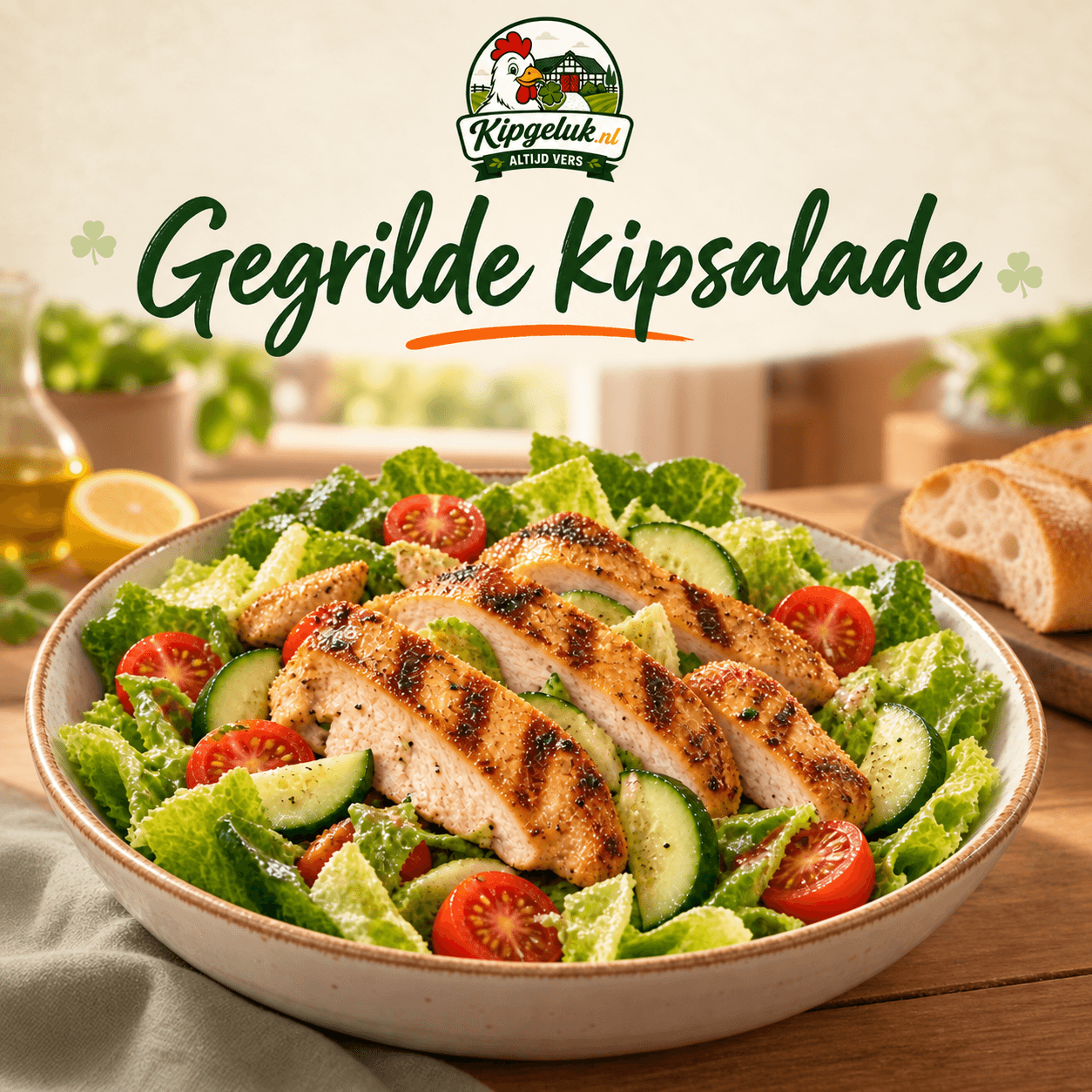 KipGeluk-receptkaart met gegrilde kip, romainesla, komkommer en tomaat; AI-serveersuggestie