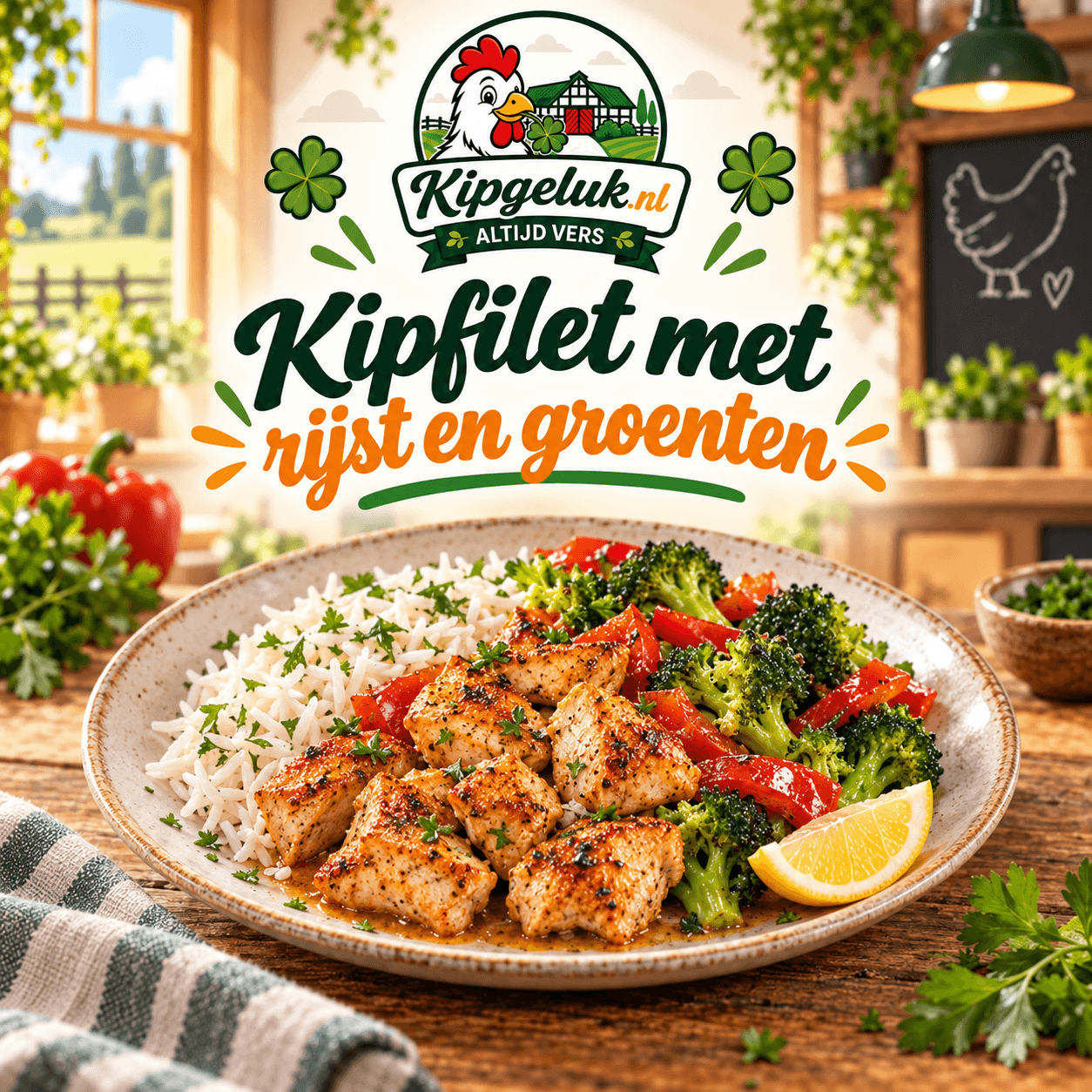 KipGeluk-receptkaart met kipfilet, rijst, broccoli en rode paprika; AI-serveersuggestie