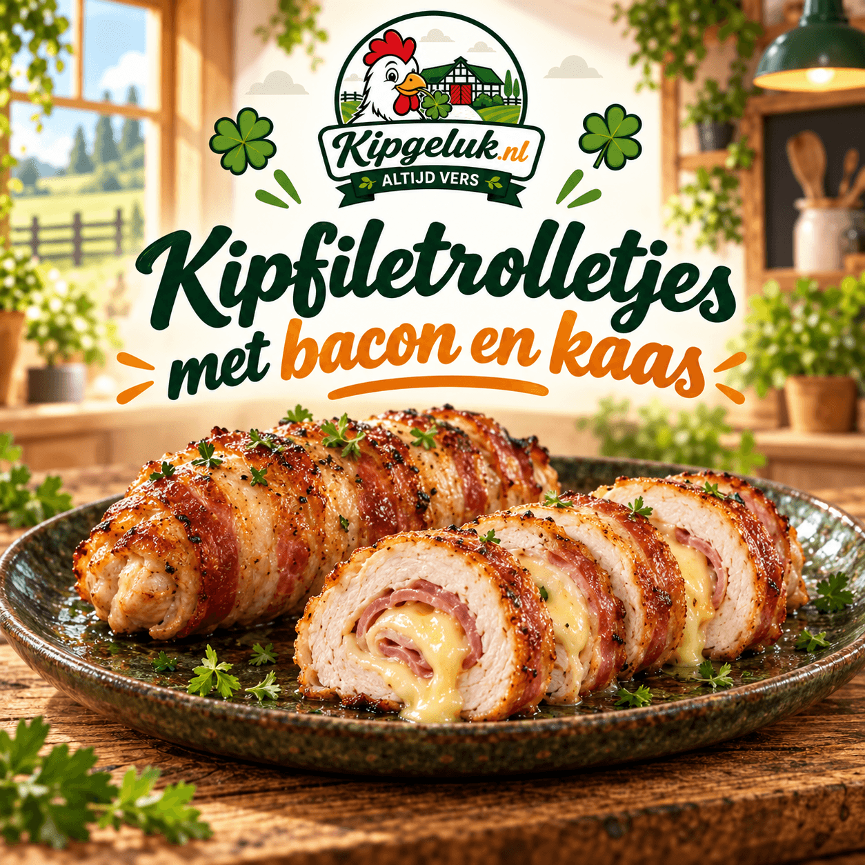 KipGeluk-receptkaart met kipfiletrolletjes in bacon, gevuld met ham en kaas; AI-serveersuggestie