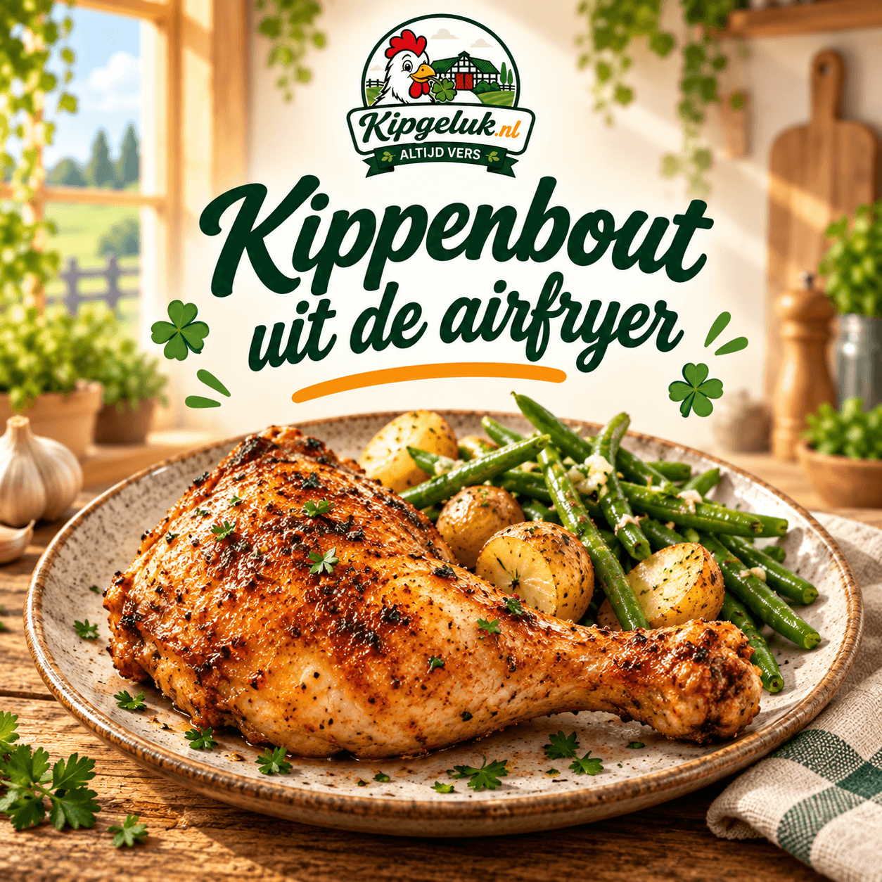 KipGeluk-receptkaart met een krokante kippenbout, aardappeltjes en sperziebonen; AI-serveersuggestie