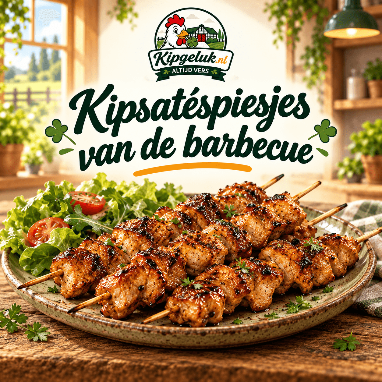 KipGeluk-receptkaart met gegrilde kipsatéspiesjes; AI-serveersuggestie