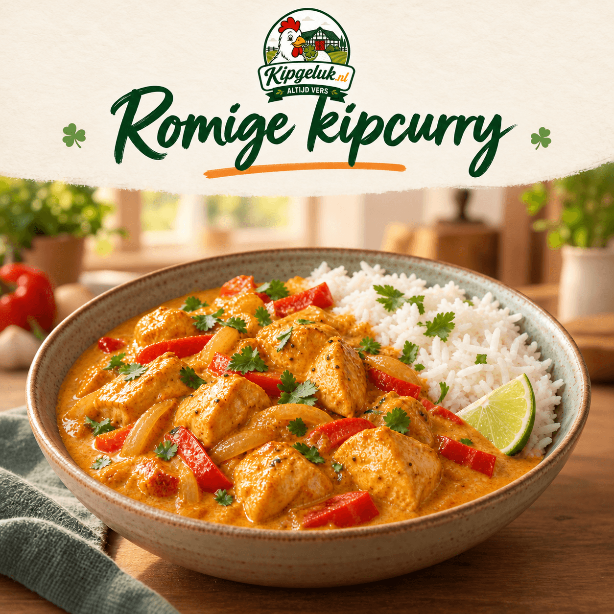 KipGeluk-receptkaart met romige kipcurry en basmatirijst; AI-serveersuggestie