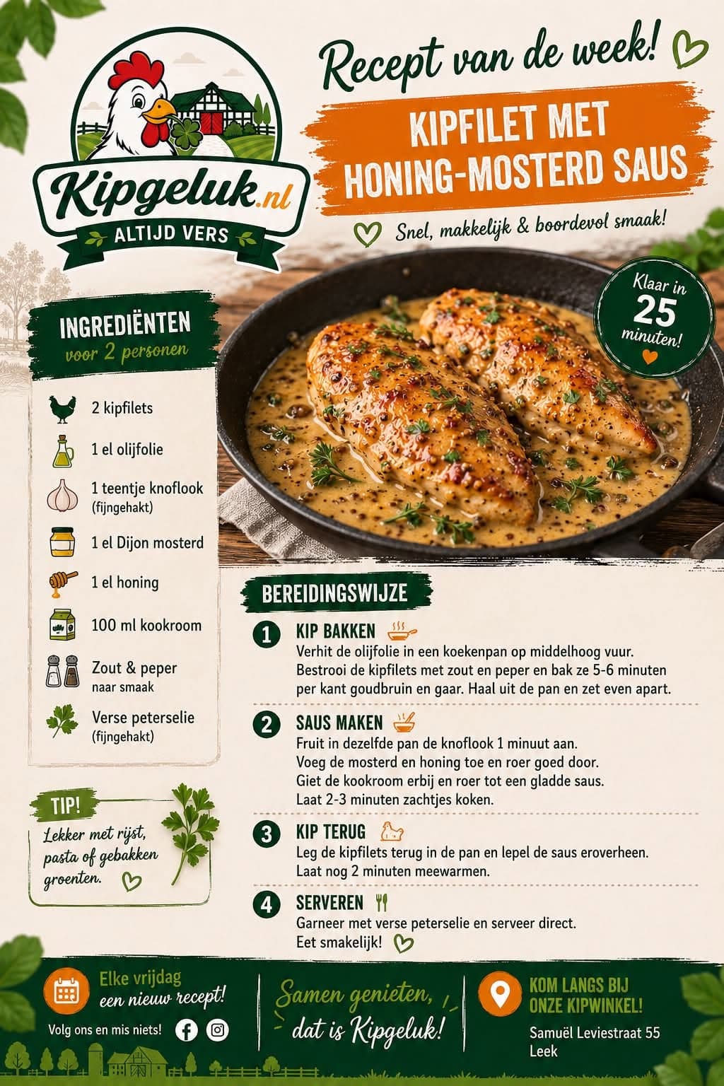 Receptkaart van KipGeluk: kipfilet met honing-mosterdsaus