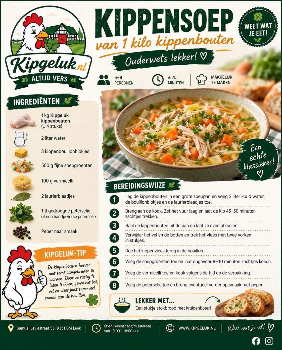 Receptkaart van KipGeluk: kippensoep met kippenbouten