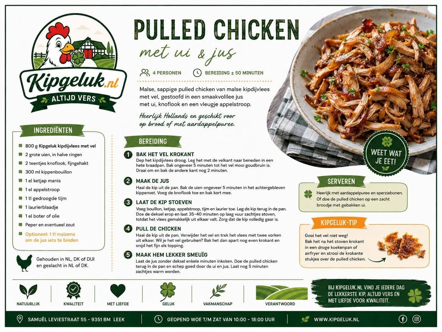 Receptkaart van KipGeluk: pulled chicken met ui en jus